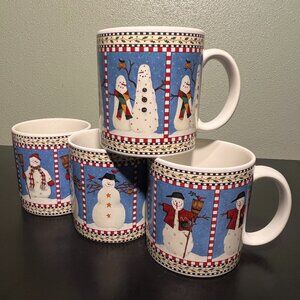 Set of 4 Vintage Sakura SNOWMAN Stoneware Mugs with Artwork by Debbie Mumm 1998